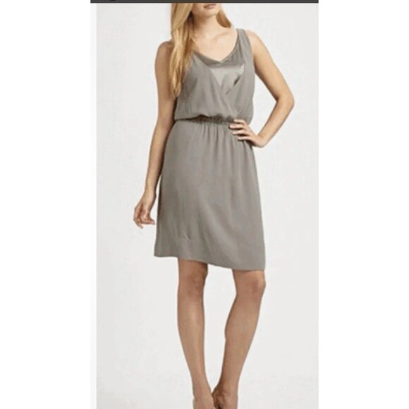 EILEEN FISHER Smoke Gray Silk Crepe Charmeuse Layered Double V Dress M - Picture 1 of 7